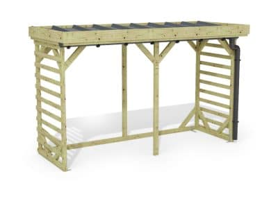 Abri à bûches 3 m × 1,30 m, avec gouttière – rendu 3D sur fond blanc