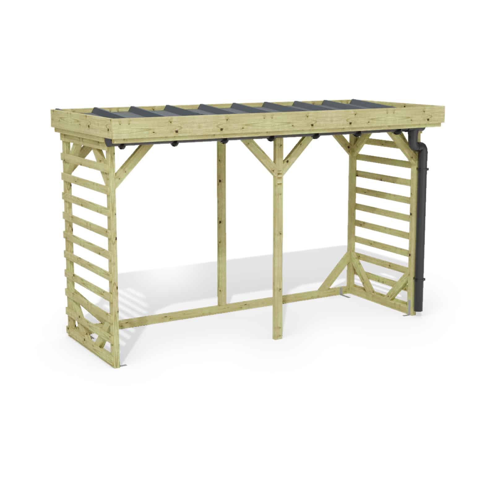 Abri à bûches 3 m × 1,30 m, avec gouttière – rendu 3D sur fond blanc