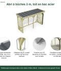 Abri à bûches 3 m × 1,30 m, avec gouttière – points forts