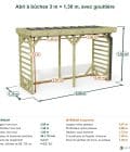 Abri à bûches 3 m × 1,30 m, avec gouttière – cotes extérieures et intérieures