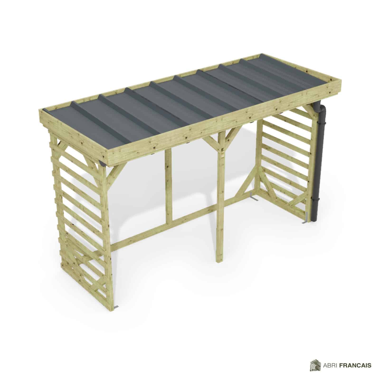 Abri à bûches 3 m × 1,30 m, avec gouttière – vue du toit en bac acier