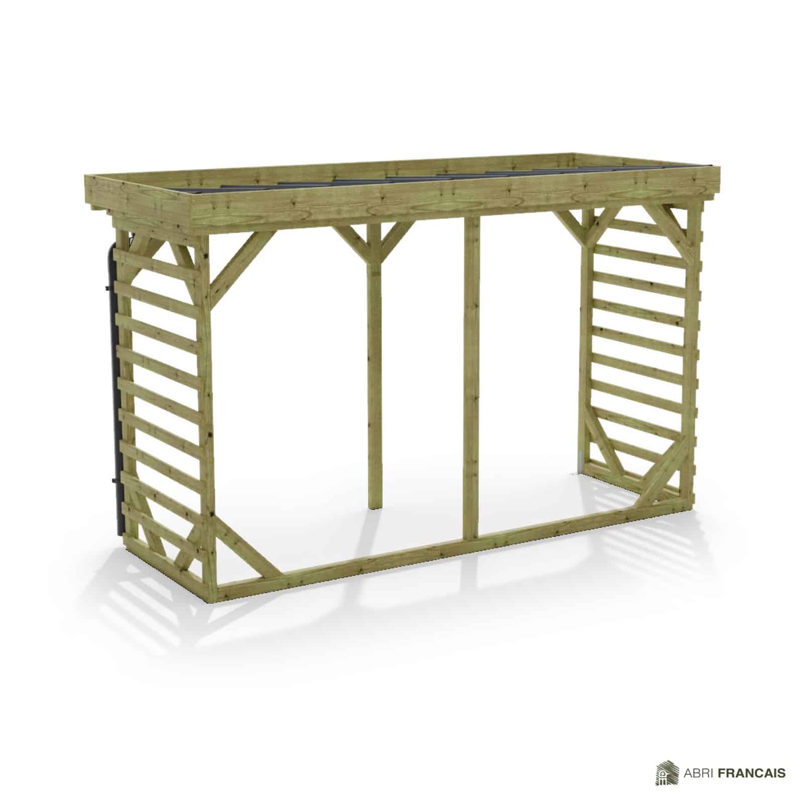 Abri à bûches 3 m × 1,30 m, avec gouttière – vue arrière, fond et côtés