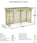 Abri à bûches 3 m × 1,30 m – cotes extérieures et intérieures
