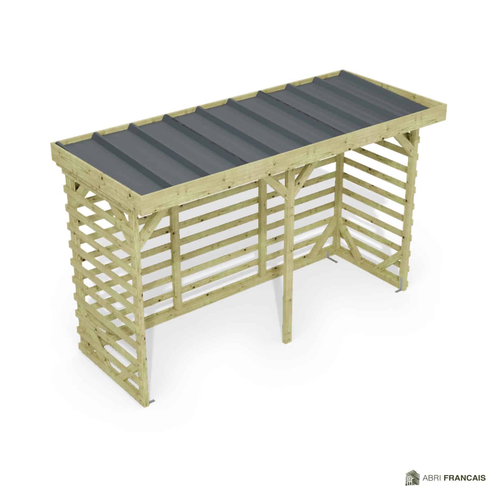 Abri à bûches 3 m × 1,30 m – vue du toit en bac acier