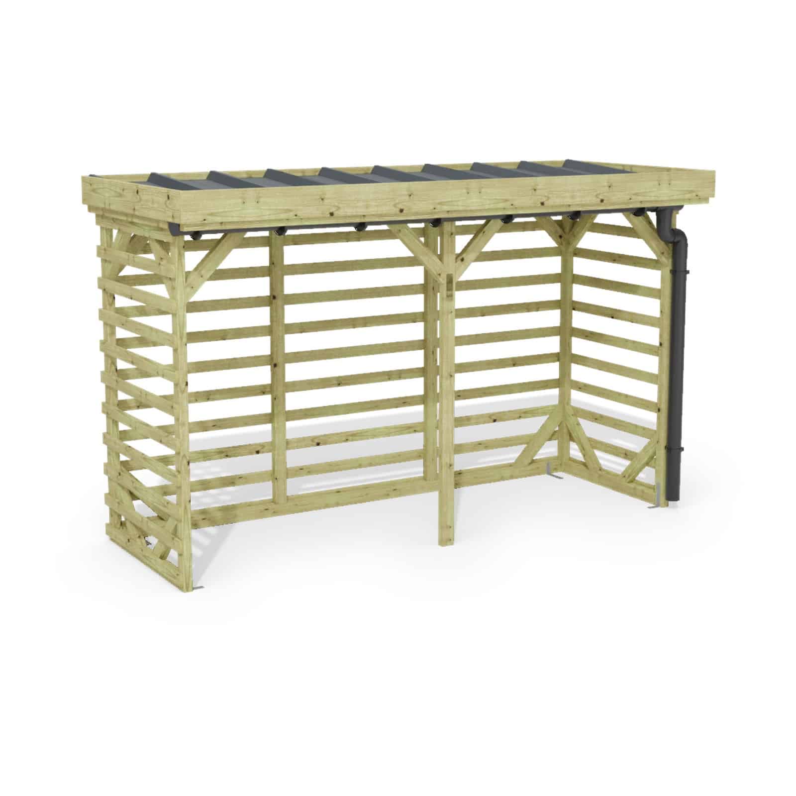 Abri à bûches 3 m × 1,30 m, avec gouttière – rendu 3D sur fond blanc