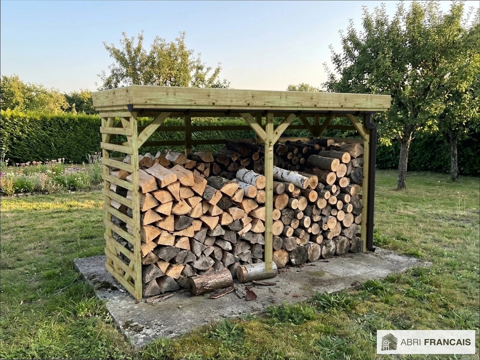 Abri à bûches 3 m × 1,30 m, avec gouttière – mise en situation