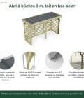 Abri à bûches 3 m × 1,30 m, avec gouttière – points forts