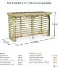Abri à bûches 3 m × 1,30 m, avec gouttière – cotes extérieures et intérieures
