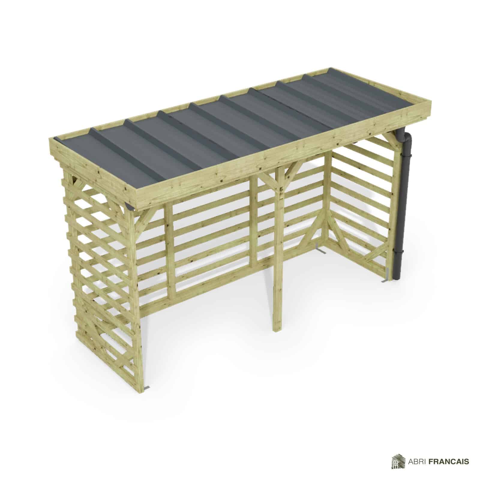 Abri à bûches 3 m × 1,30 m, avec gouttière – vue du toit en bac acier