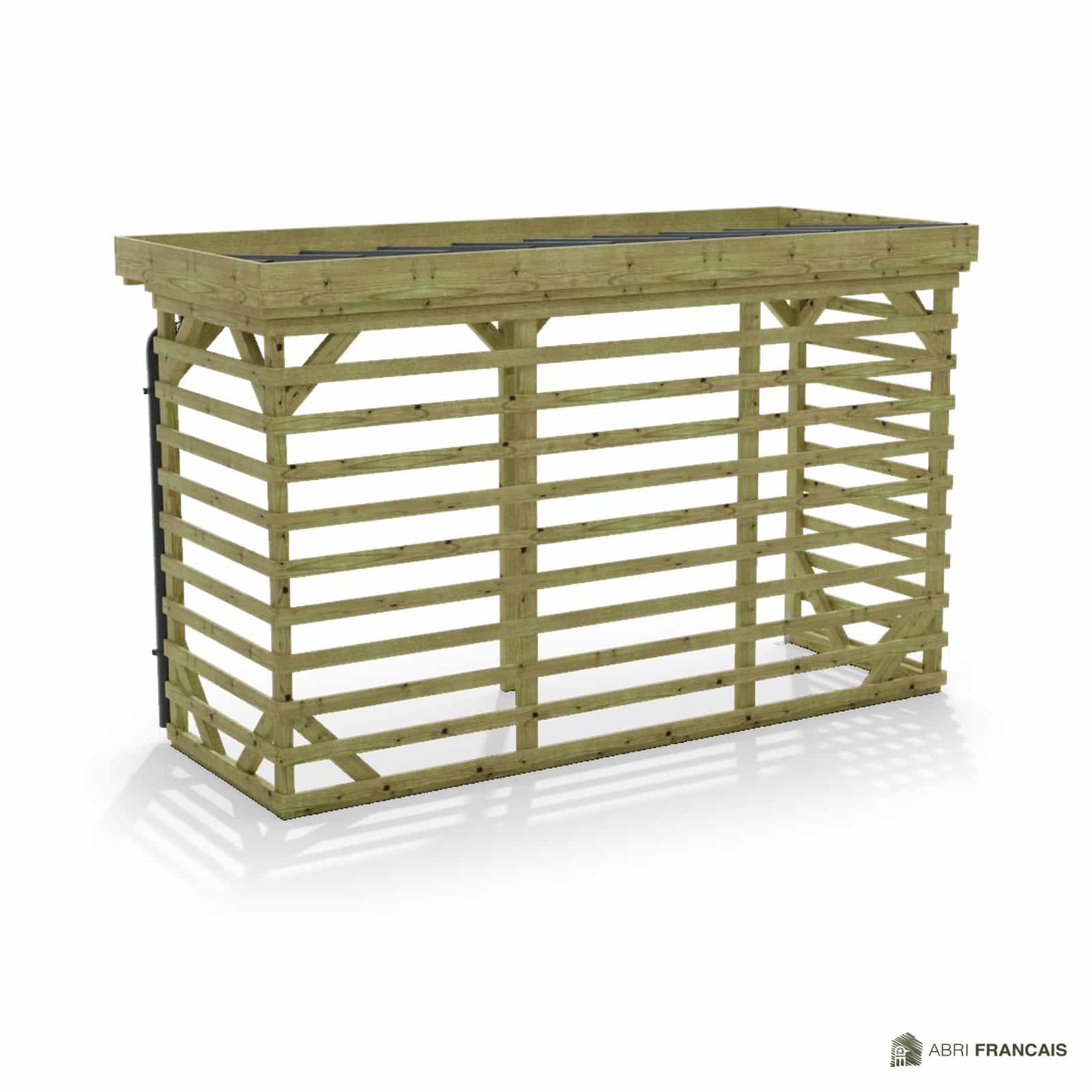 Abri à bûches 3 m × 1,30 m, avec gouttière – vue arrière, fond et côtés