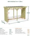 Abri à bûches 3 m × 1,30 m – cotes extérieures et intérieures