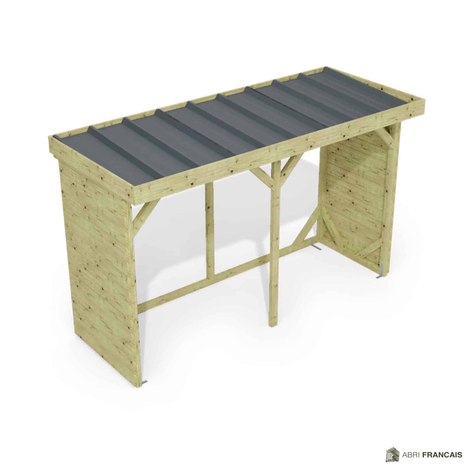 Abri à bûches 3 m × 1,30 m – vue du toit en bac acier