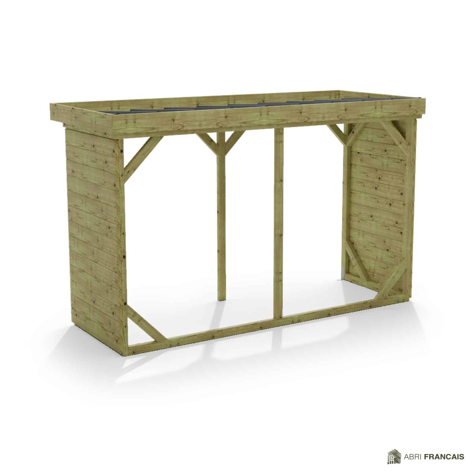 Abri à bûches 3 m × 1,30 m – vue arrière, fond et côtés