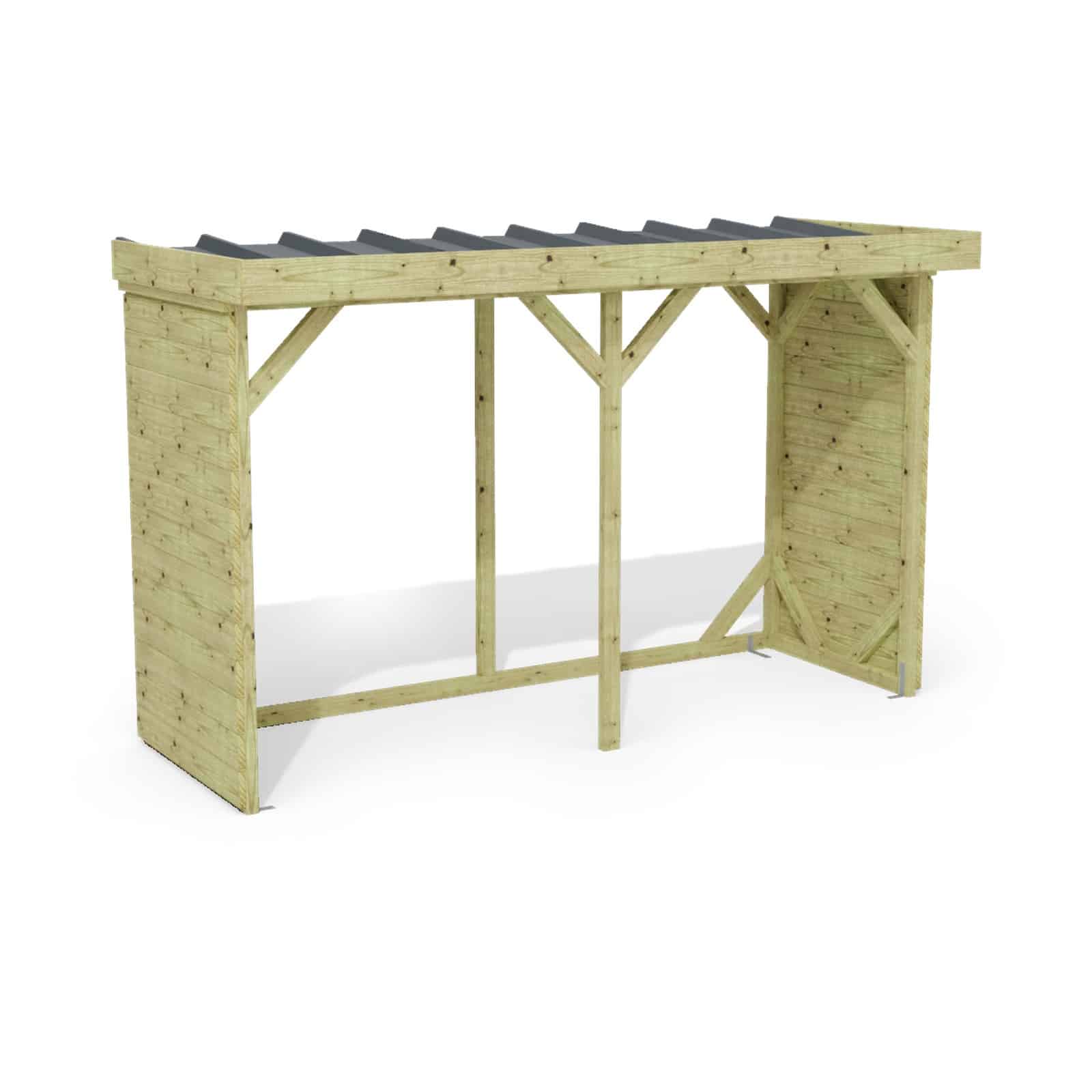 Abri à bûches 3 m × 1,30 m, adossé – rendu 3D sur fond blanc