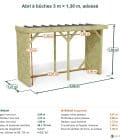 Abri à bûches 3 m × 1,30 m, adossé – cotes extérieures et intérieures