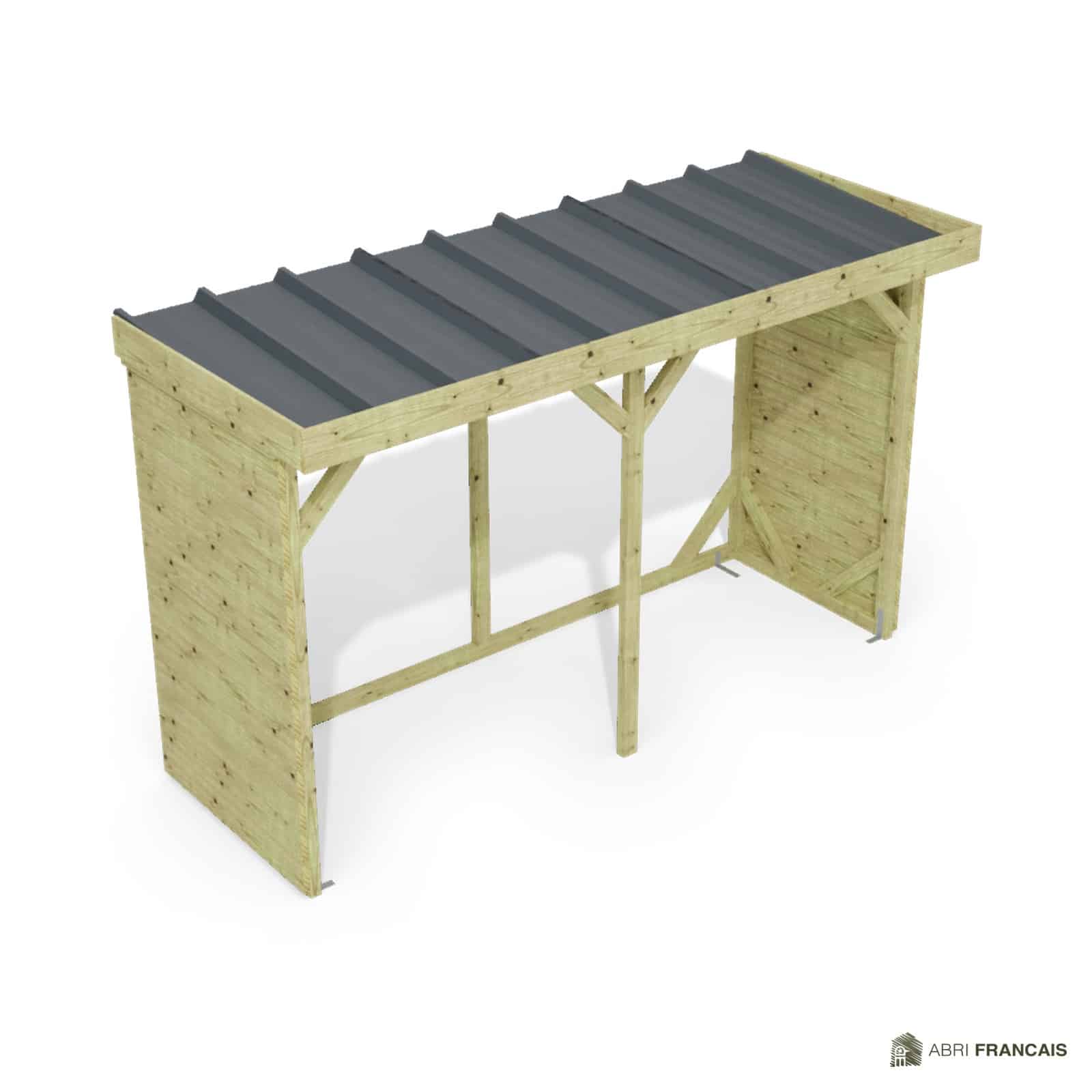Abri à bûches 3 m × 1,30 m, adossé – vue du toit en bac acier