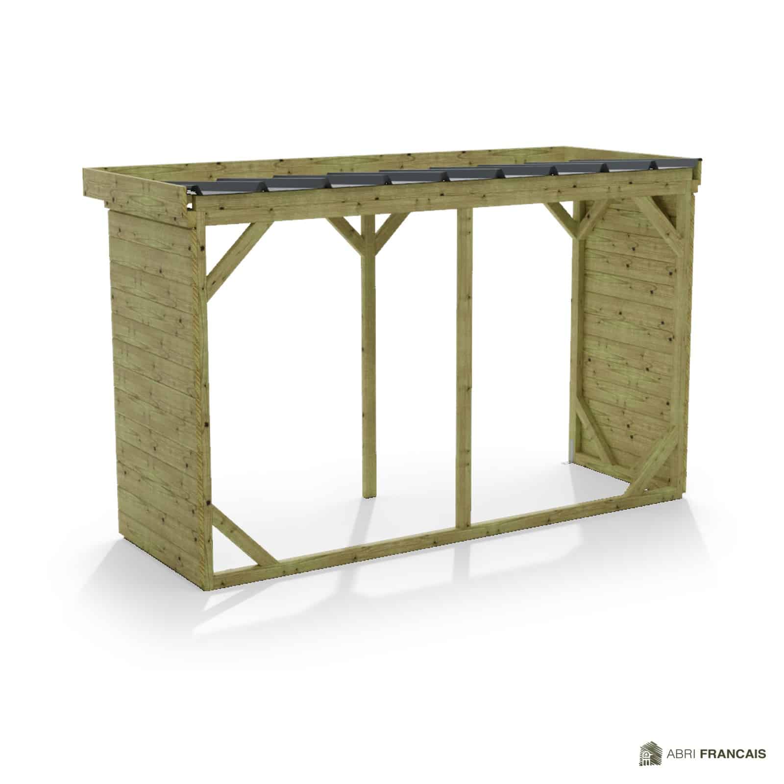 Abri à bûches 3 m × 1,30 m, adossé – vue arrière, fond et côtés