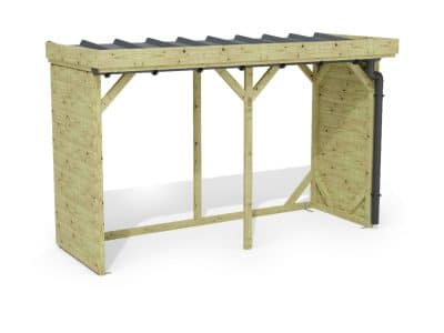 Abri à bûches 3 m × 1,30 m, adossé, avec gouttière – rendu 3D sur fond blanc