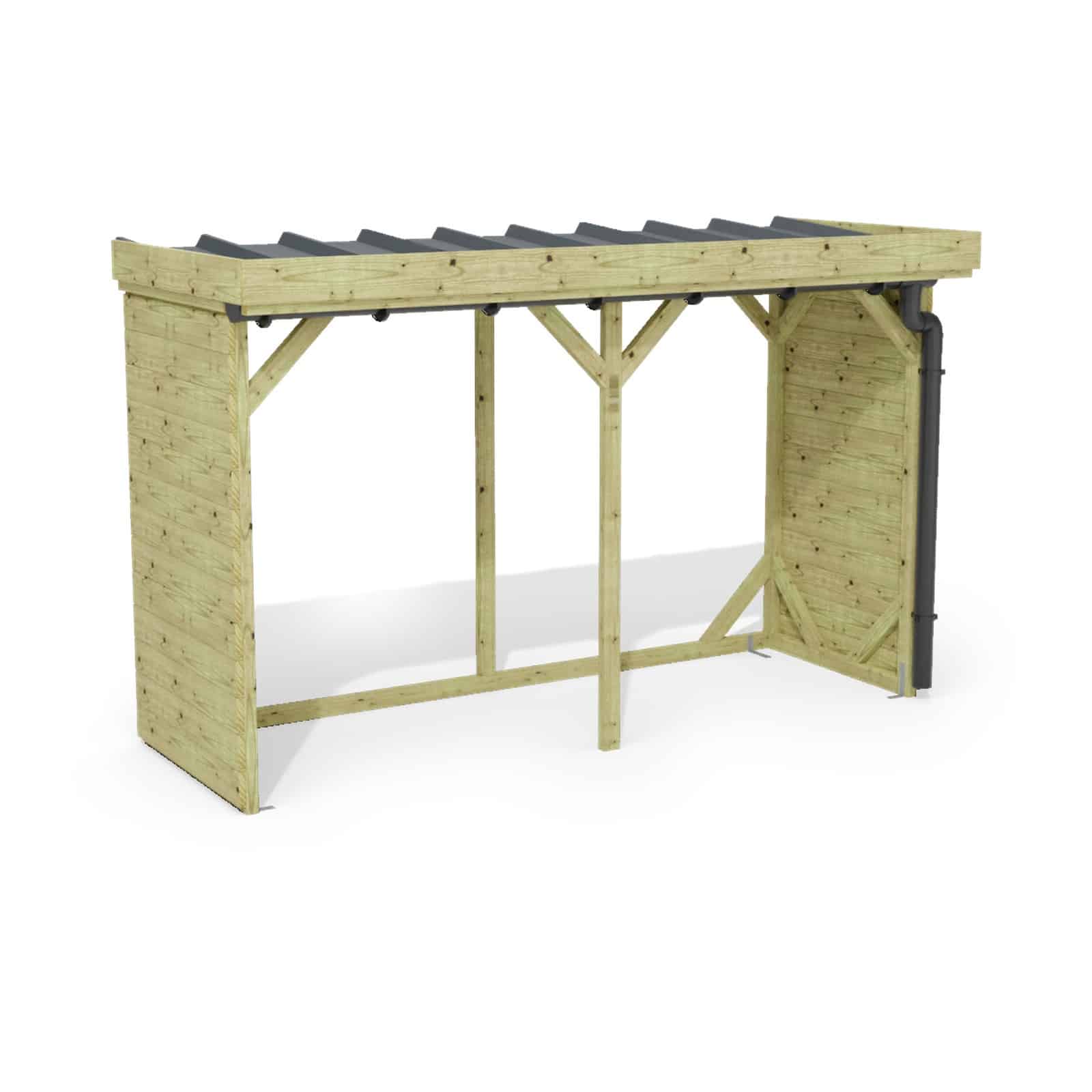 Abri à bûches 3 m × 1,30 m, adossé, avec gouttière – rendu 3D sur fond blanc