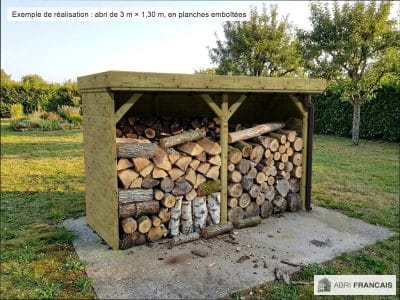Abri à bûches 3 m × 1,30 m, adossé, avec gouttière – mise en situation