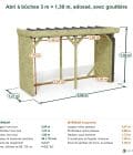 Abri à bûches 3 m × 1,30 m, adossé, avec gouttière – cotes extérieures et intérieures