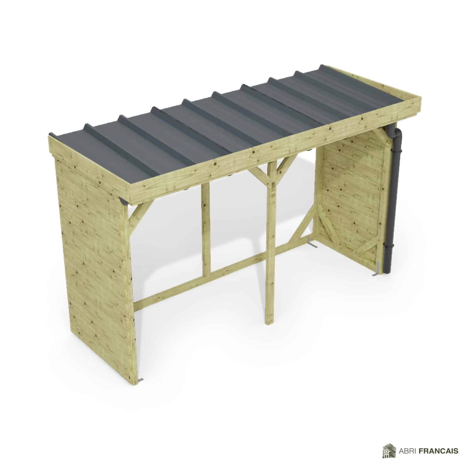 Abri à bûches 3 m × 1,30 m, adossé, avec gouttière – vue du toit en bac acier