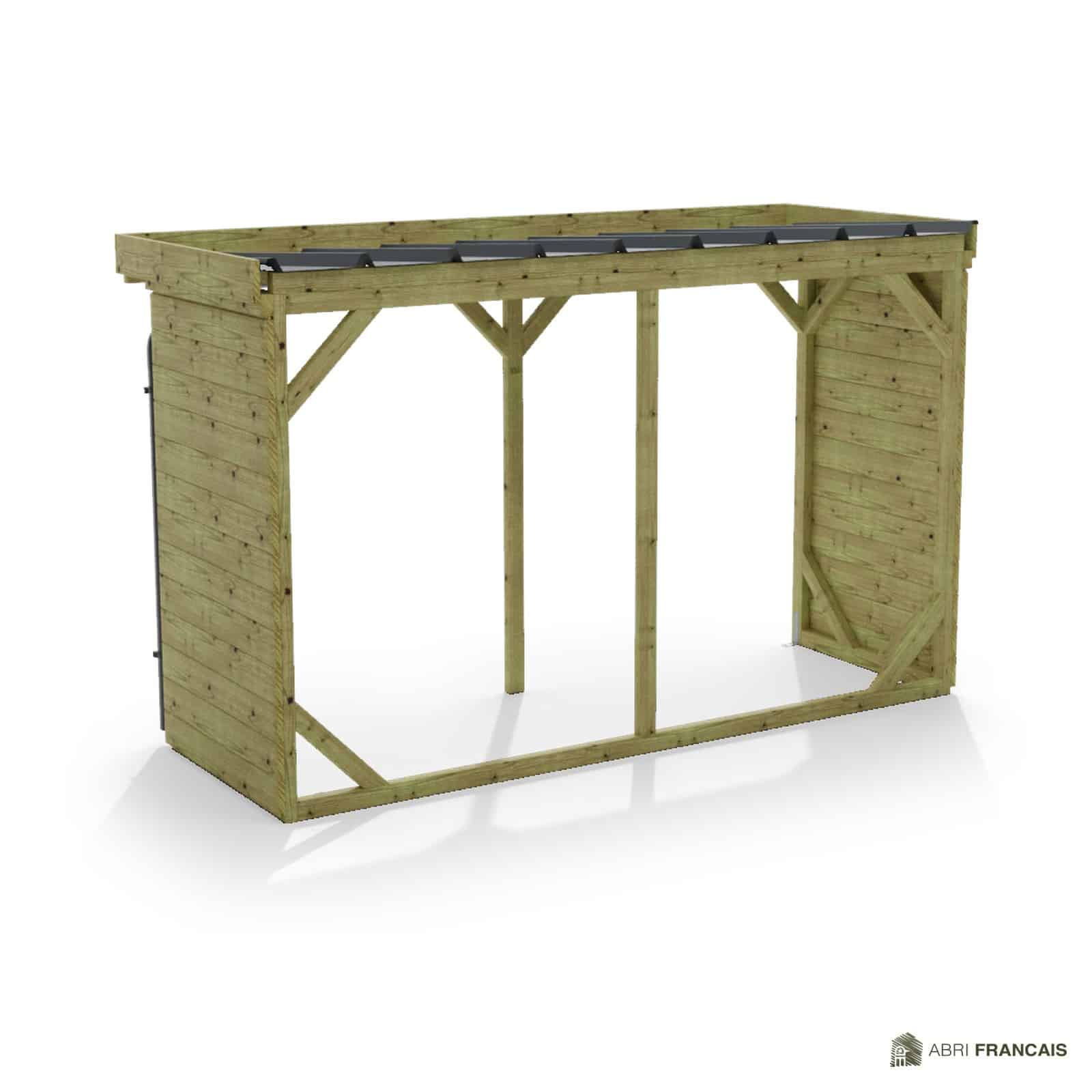 Abri à bûches 3 m × 1,30 m, adossé, avec gouttière – vue arrière, fond et côtés