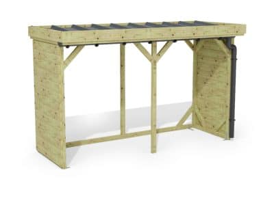 Abri à bûches 3 m × 1,30 m, avec gouttière – rendu 3D sur fond blanc