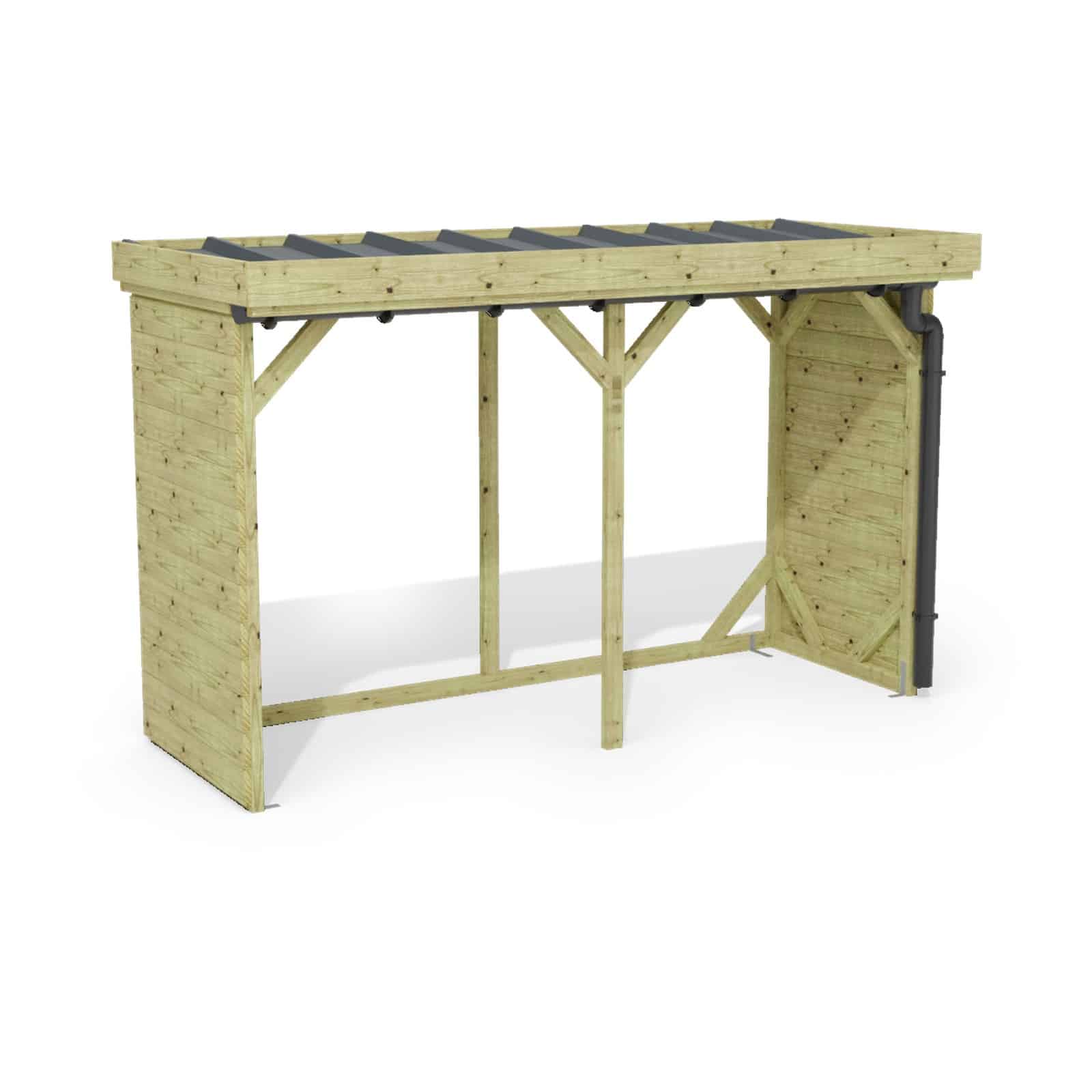 Abri à bûches 3 m × 1,30 m, avec gouttière – rendu 3D sur fond blanc