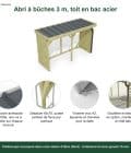 Abri à bûches 3 m × 1,30 m, avec gouttière – points forts