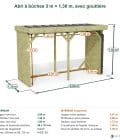 Abri à bûches 3 m × 1,30 m, avec gouttière – cotes extérieures et intérieures