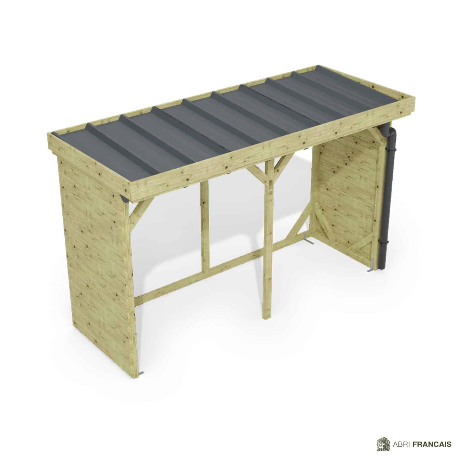 Abri à bûches 3 m × 1,30 m, avec gouttière – vue du toit en bac acier