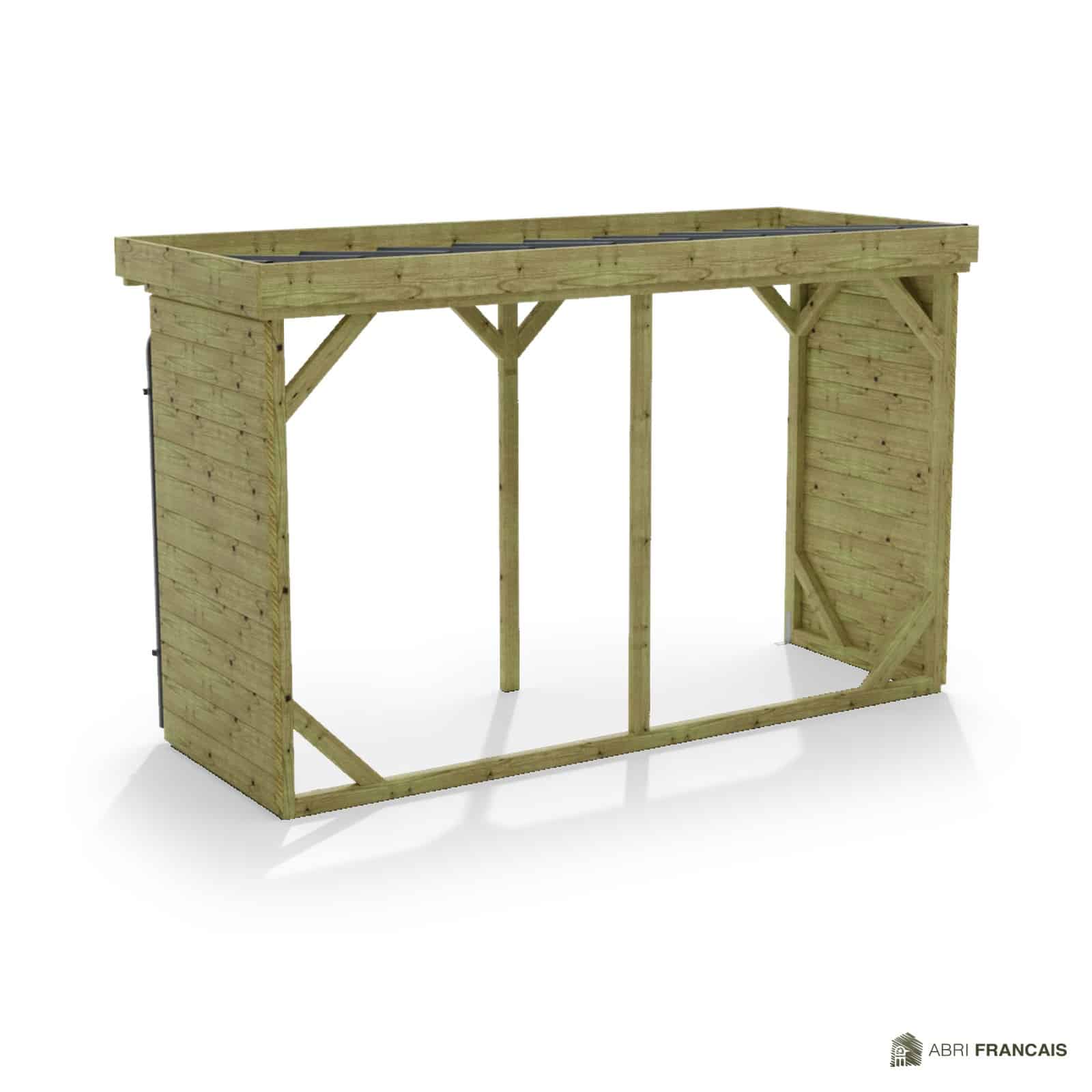 Abri à bûches 3 m × 1,30 m, avec gouttière – vue arrière, fond et côtés