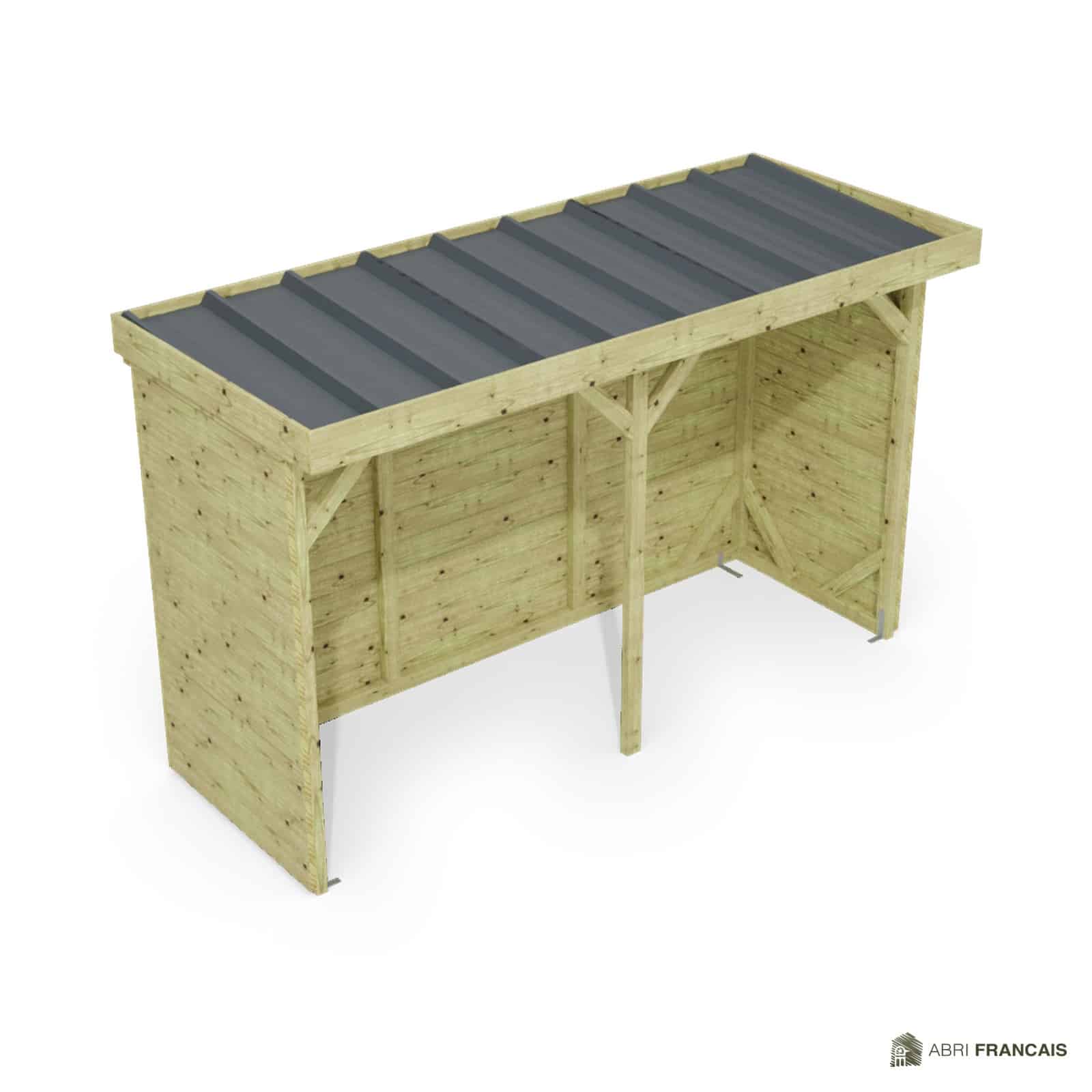 Abri à bûches 3 m × 1,30 m – vue du toit en bac acier