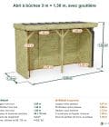 Abri à bûches 3 m × 1,30 m, avec gouttière – cotes extérieures et intérieures
