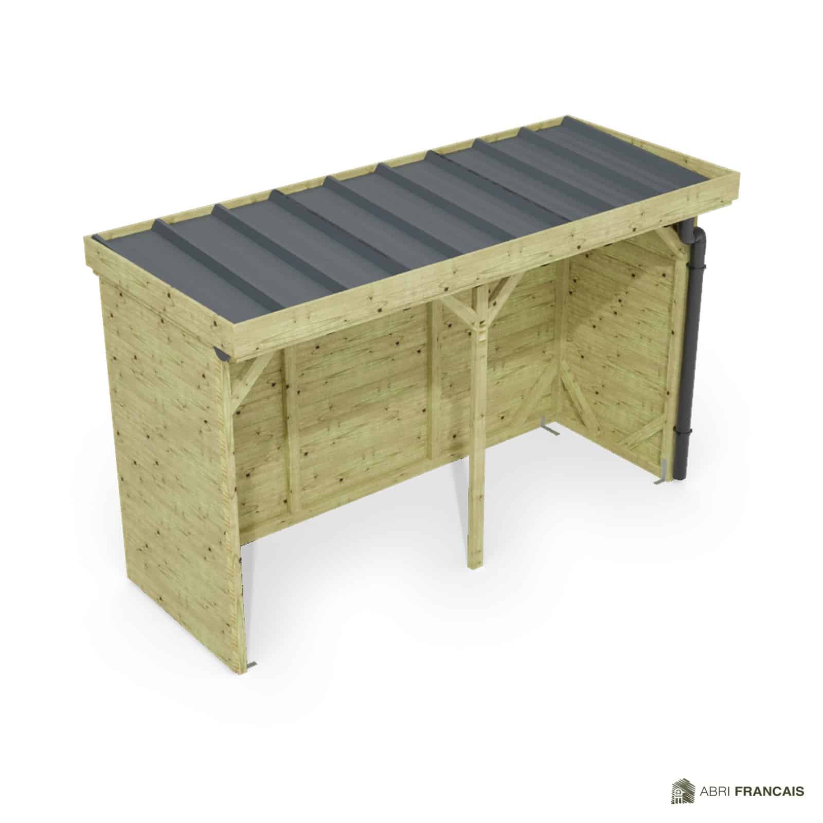 Abri à bûches 3 m × 1,30 m, avec gouttière – vue du toit en bac acier