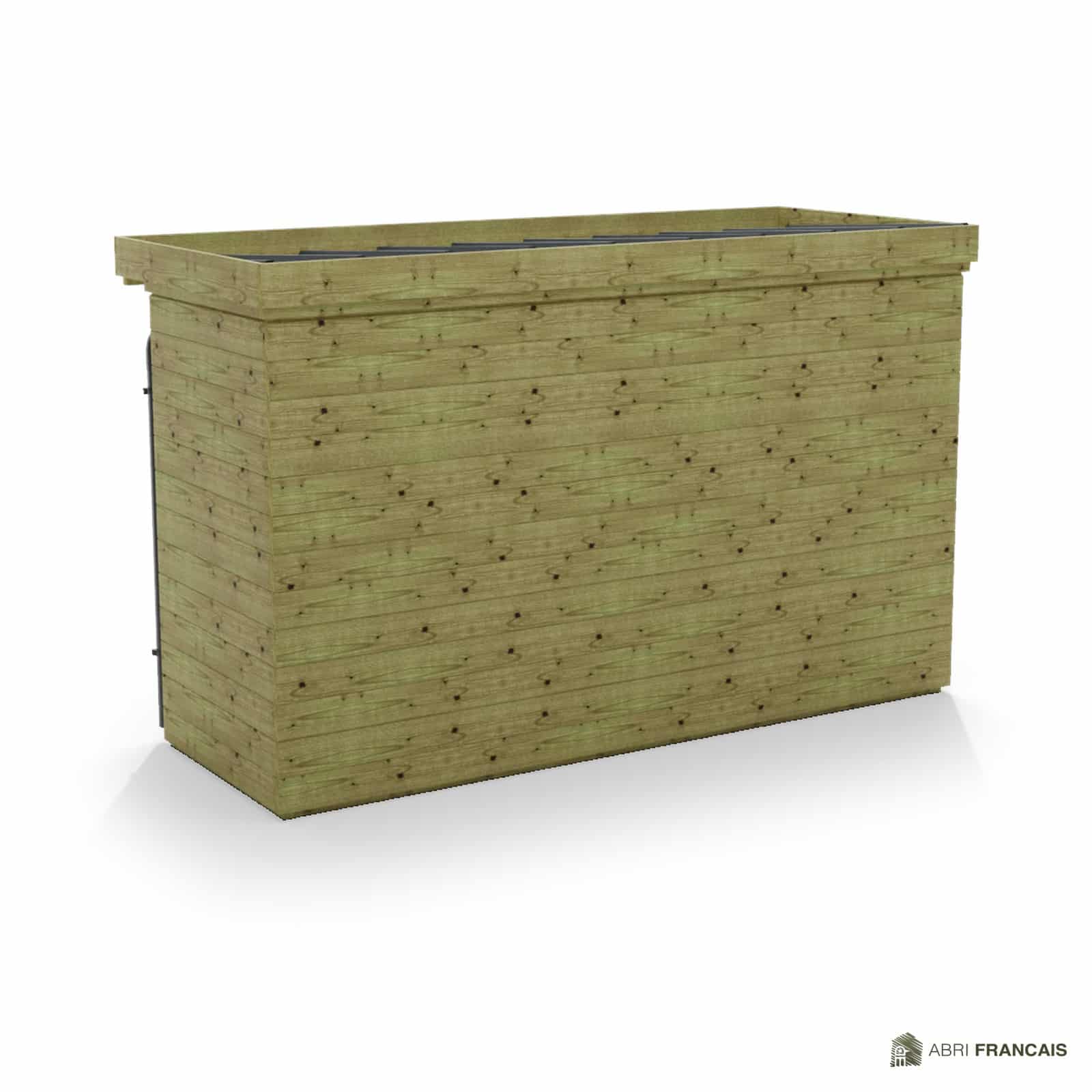 Abri à bûches 3 m × 1,30 m, avec gouttière – vue arrière, fond et côtés