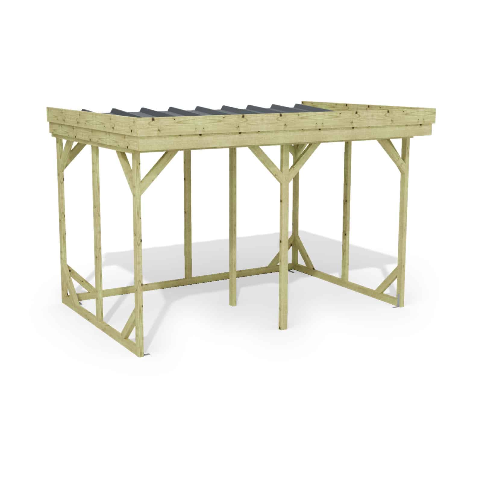 Abri à bûches 3 m × 2,27 m, adossé – rendu 3D sur fond blanc