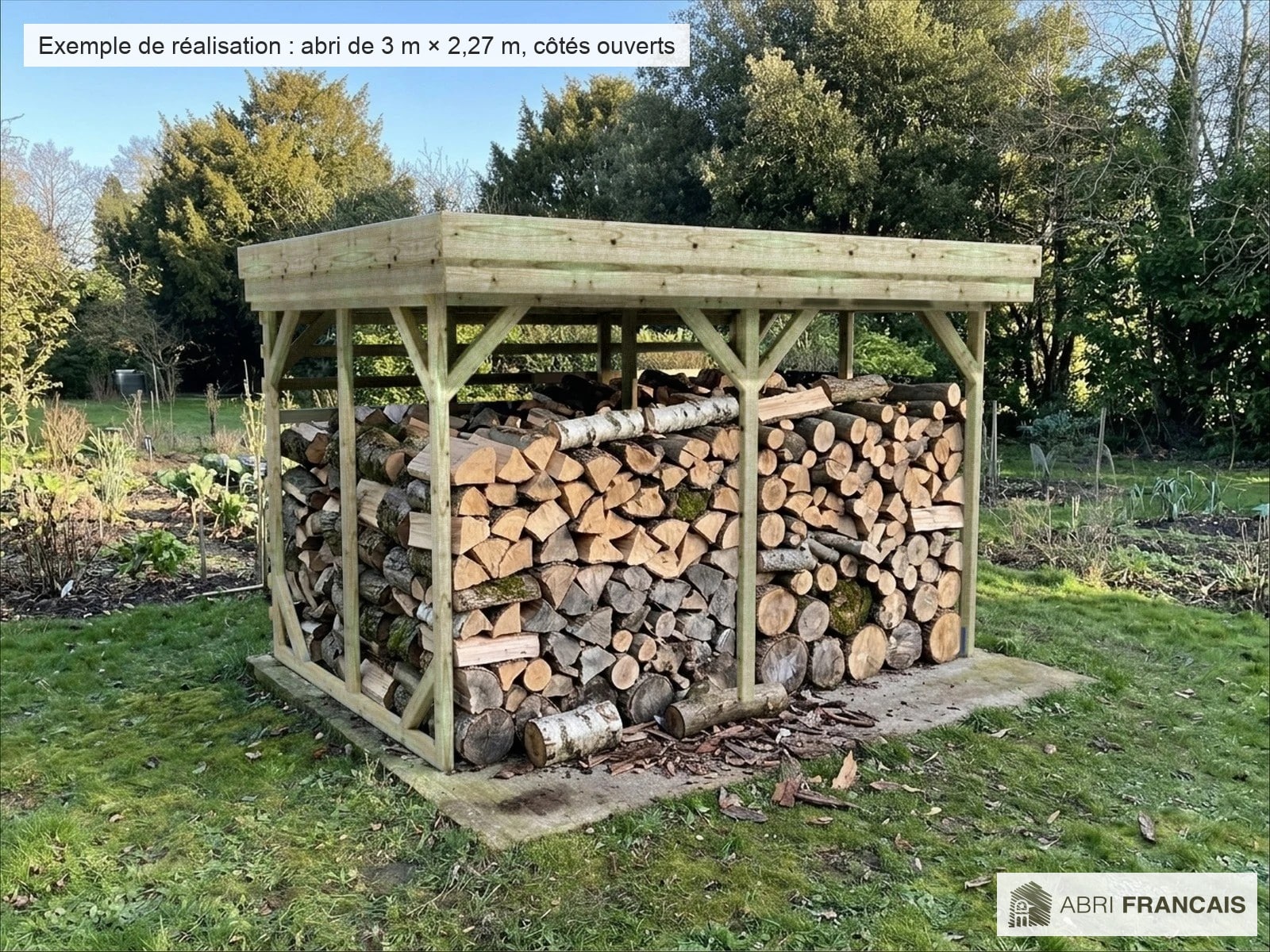 Abri à bûches 3 m × 2,27 m, adossé – mise en situation