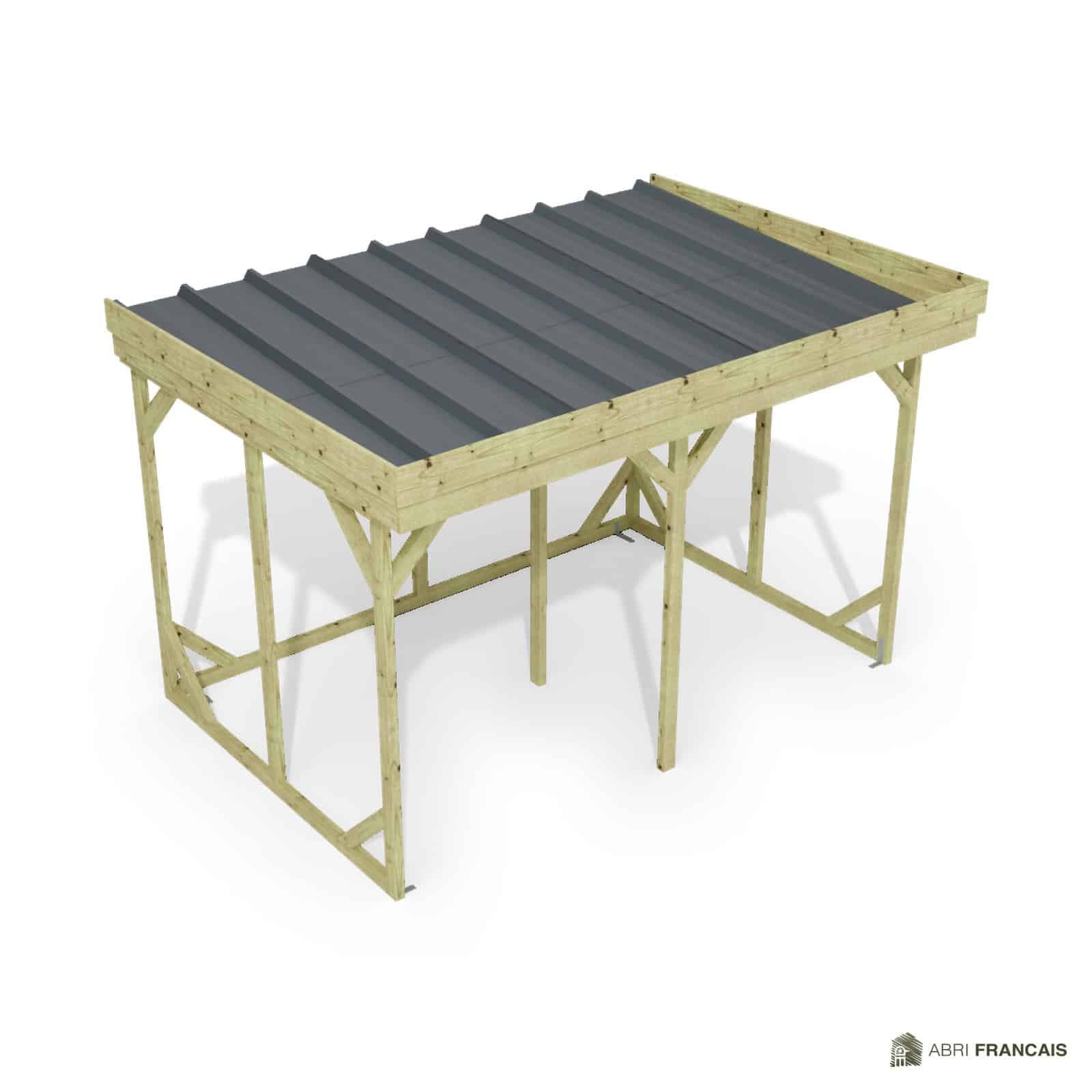 Abri à bûches 3 m × 2,27 m, adossé – vue du toit en bac acier