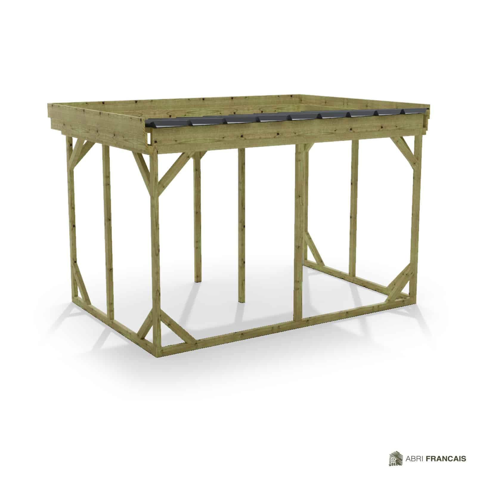 Abri à bûches 3 m × 2,27 m, adossé – vue arrière, fond et côtés