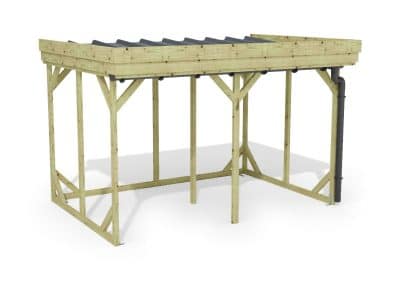 Abri à bûches 3 m × 2,27 m, adossé, avec gouttière – rendu 3D sur fond blanc
