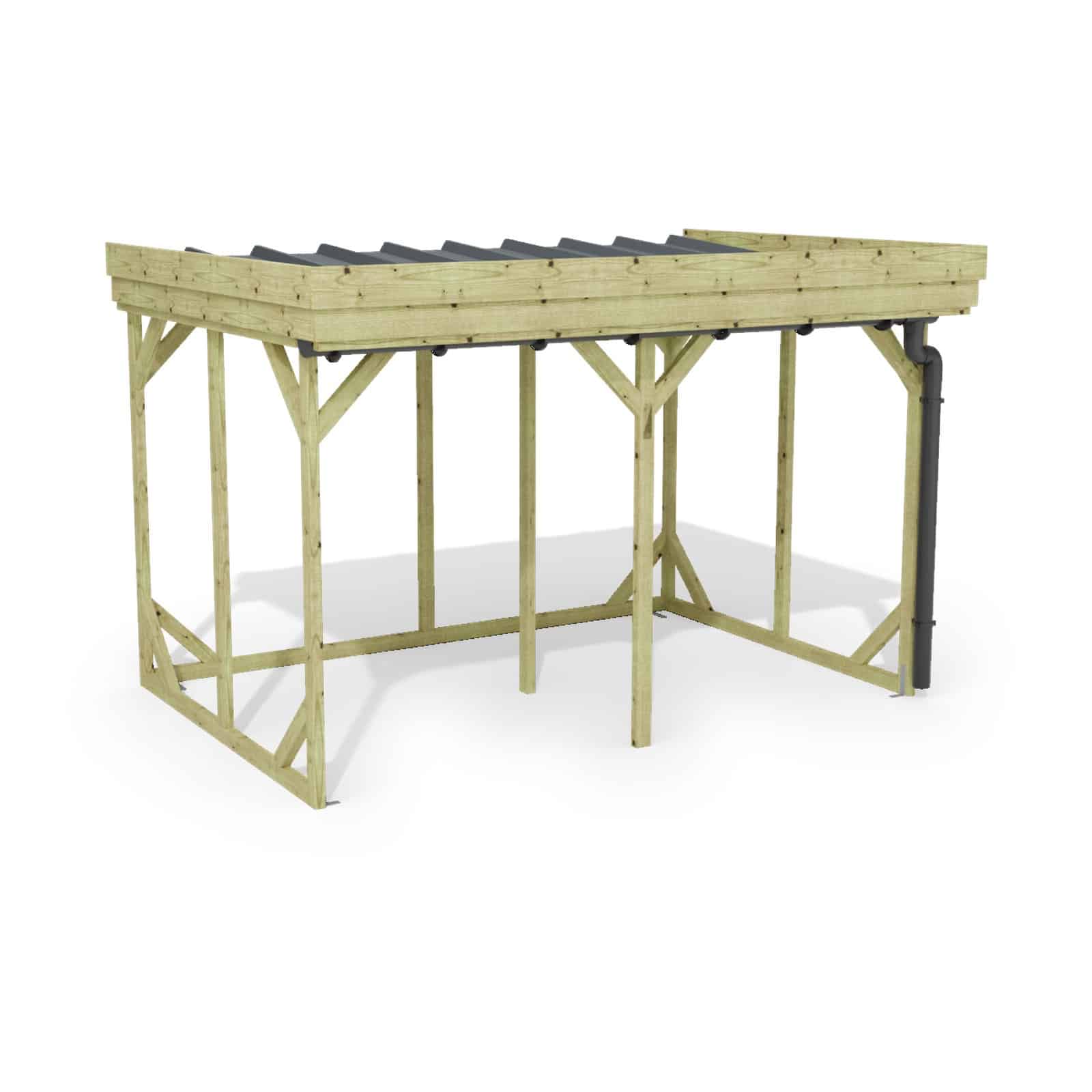 Abri à bûches 3 m × 2,27 m, adossé, avec gouttière – rendu 3D sur fond blanc