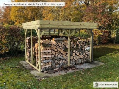Abri à bûches 3 m × 2,27 m, adossé, avec gouttière – mise en situation