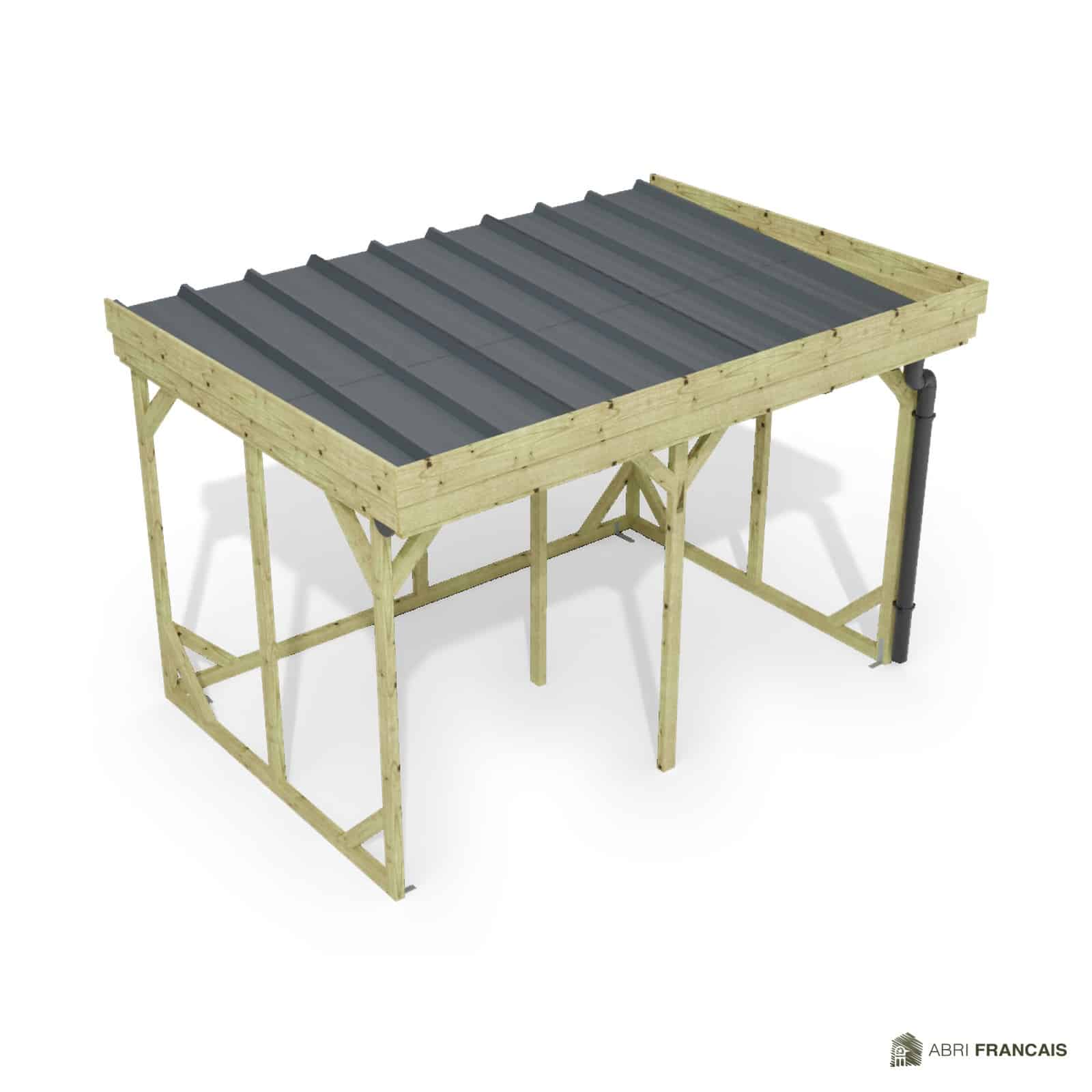 Abri à bûches 3 m × 2,27 m, adossé, avec gouttière – vue du toit en bac acier