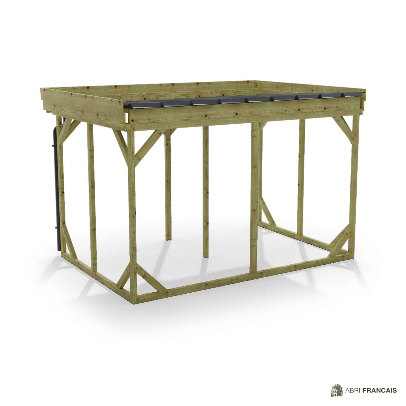 Abri à bûches 3 m × 2,27 m, adossé, avec gouttière – vue arrière, fond et côtés