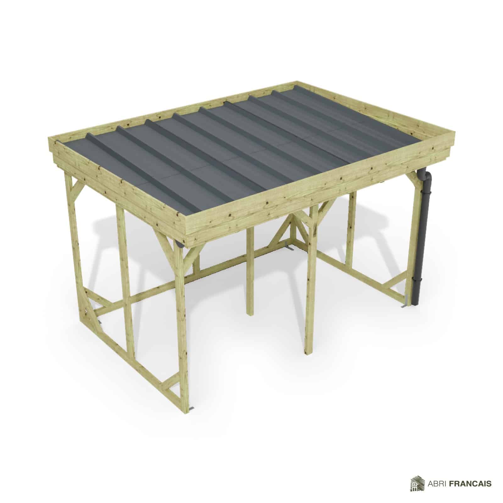 Abri à bûches 3 m × 2,27 m, avec gouttière – vue du toit en bac acier