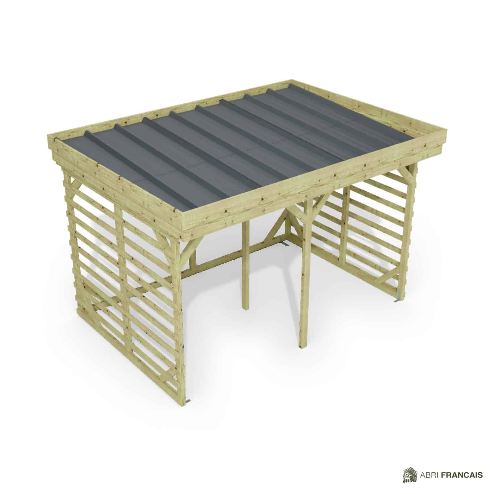 Abri à bûches 3 m × 2,27 m – vue du toit en bac acier