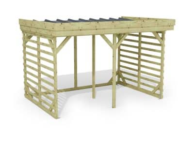 Abri à bûches 3 m × 2,27 m, adossé – rendu 3D sur fond blanc