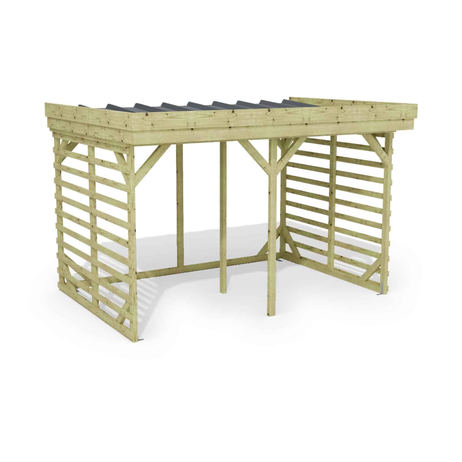 Abri à bûches 3 m × 2,27 m, adossé – rendu 3D sur fond blanc